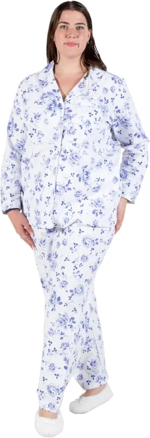 LA CERA Women's Cotton Lace Trimmed Cotton Flannel Pajama Set, 100% Cotton, Full Button Front Top, Long Sleeves