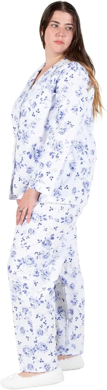 LA CERA Women's Cotton Lace Trimmed Cotton Flannel Pajama Set, 100% Cotton, Full Button Front Top, Long Sleeves