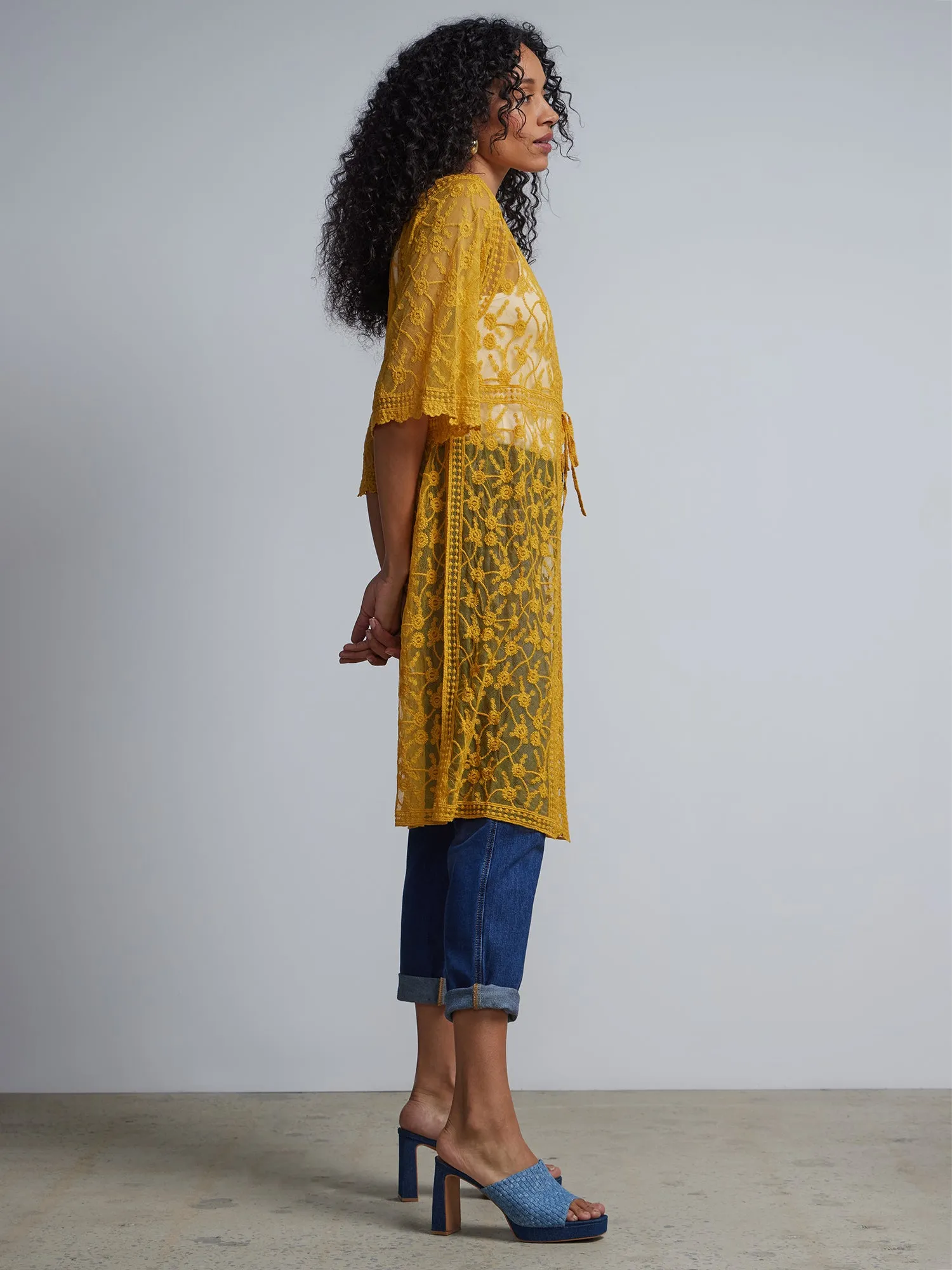Lace-Embroidered Tie-Front Kimono