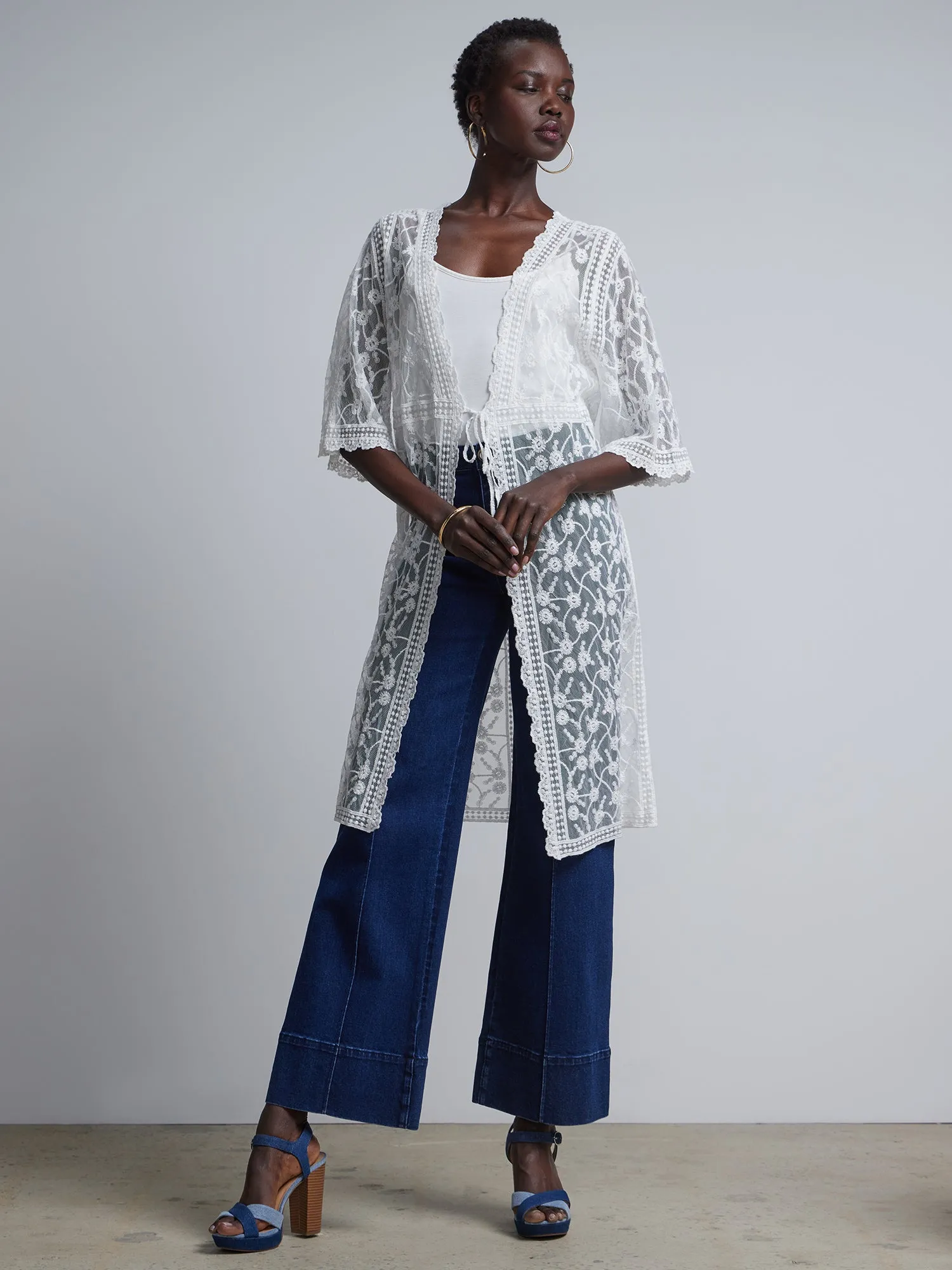 Lace-Embroidered Tie-Front Kimono