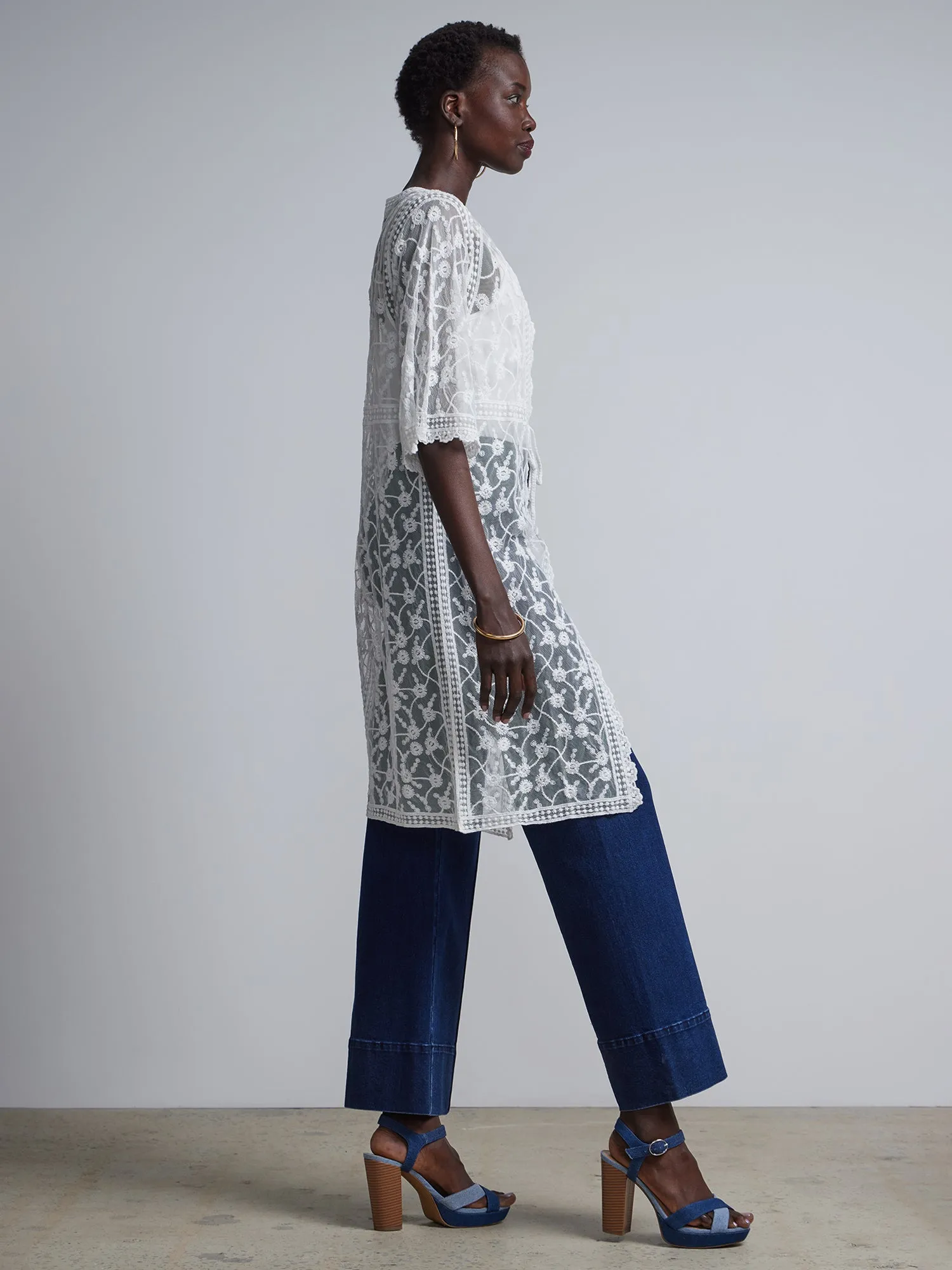 Lace-Embroidered Tie-Front Kimono