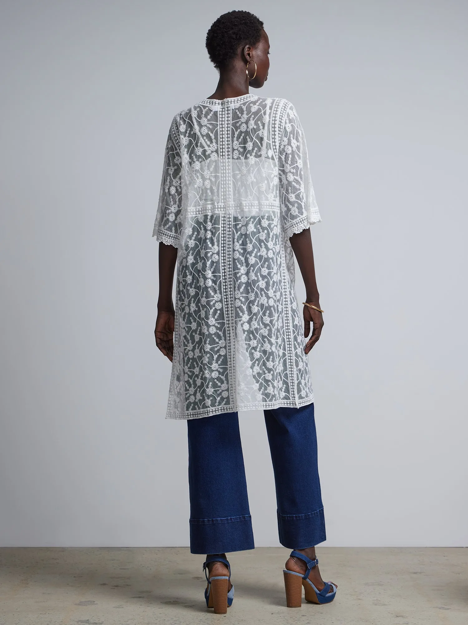 Lace-Embroidered Tie-Front Kimono