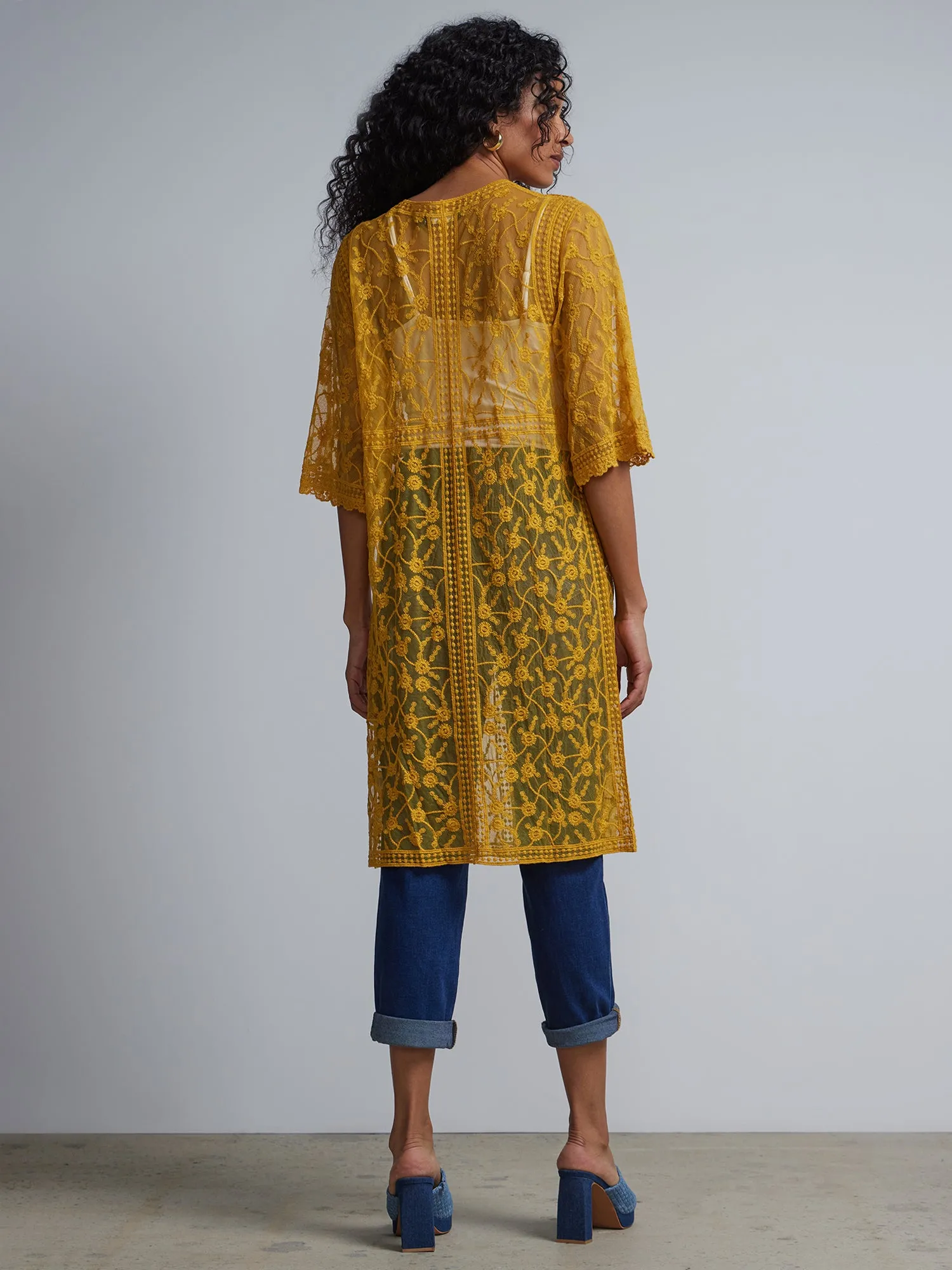 Lace-Embroidered Tie-Front Kimono