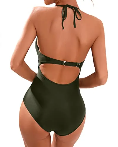 Large Breasts Women's Tummy Control One Piece Swimsuit Halter Bathing Suit-Army Green