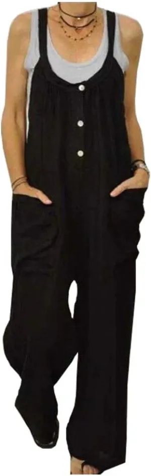 LifeShe Women's Cotton Linen Jumpsuits Rompers High Waist Wide Leg Overalls Pants