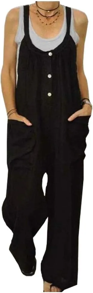 LifeShe Women's Cotton Linen Jumpsuits Rompers High Waist Wide Leg Overalls Pants