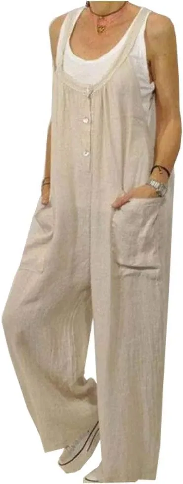 LifeShe Women's Cotton Linen Jumpsuits Rompers High Waist Wide Leg Overalls Pants