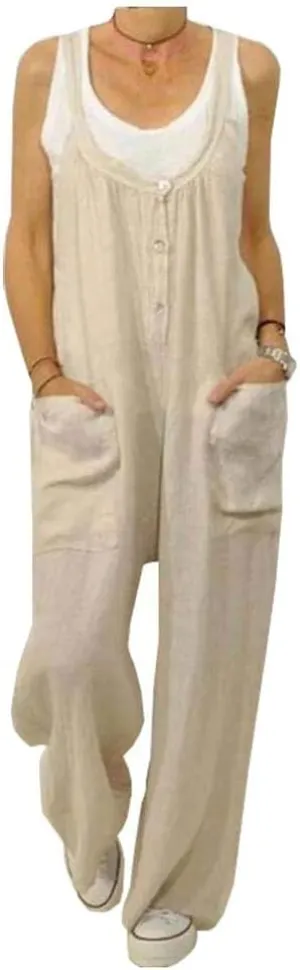 LifeShe Women's Cotton Linen Jumpsuits Rompers High Waist Wide Leg Overalls Pants
