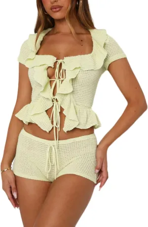 LILTWIST Crochet 2 Piece Short Sets for Women Summer Knit Matching Lounge Sets Halter Tie Front Top and Shorts Set Beachwear