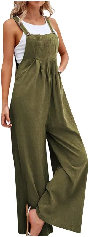 Linen Baggy Overalls for Women Adjustable Straps Wide Leg Jumpsuit Lightweight Stretchy Sleeveless Maternity Overalls