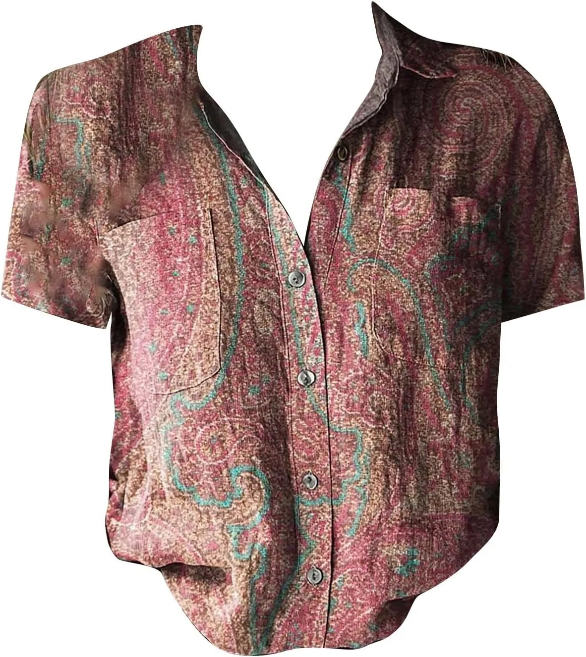 Linen Boho Tops for Women Boho Tops for Women 2025 Hippie Summer Short Sleeve Button Up Blouses Short Sleeve Shirts