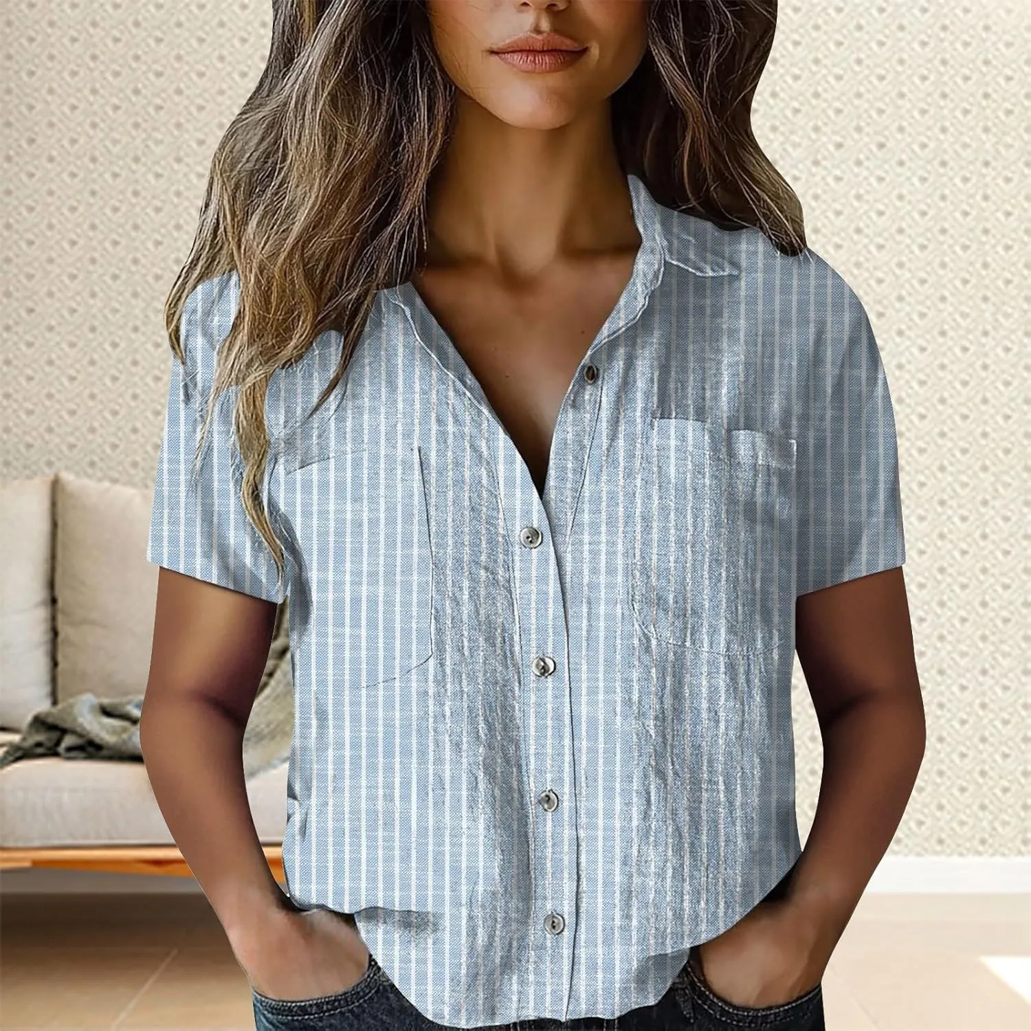 Linen Boho Tops for Women Boho Tops for Women 2025 Hippie Summer Short Sleeve Button Up Blouses Short Sleeve Shirts