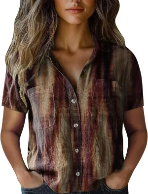 Linen Boho Tops for Women Boho Tops for Women 2025 Hippie Summer Short Sleeve Button Up Blouses Short Sleeve Shirts