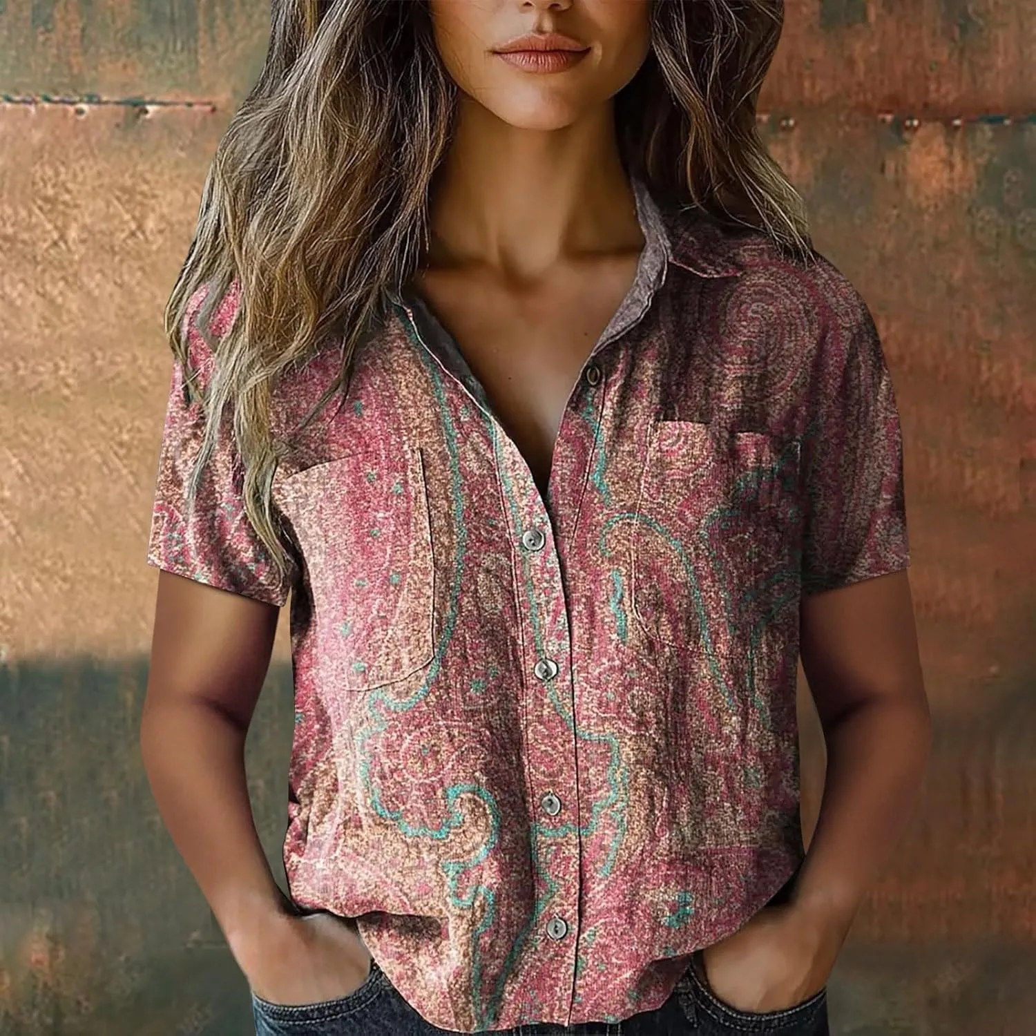 Linen Boho Tops for Women Boho Tops for Women 2025 Hippie Summer Short Sleeve Button Up Blouses Short Sleeve Shirts