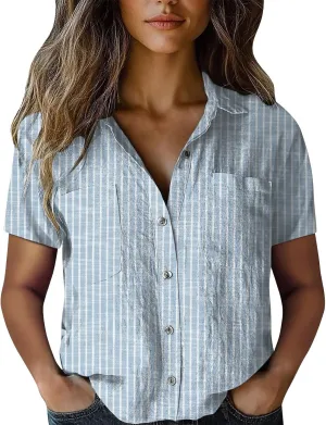 Linen Boho Tops for Women Boho Tops for Women 2025 Hippie Summer Short Sleeve Button Up Blouses Short Sleeve Shirts