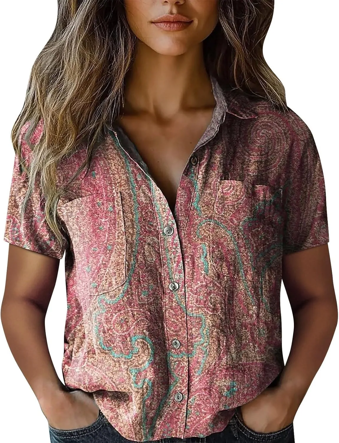Linen Boho Tops for Women Boho Tops for Women 2025 Hippie Summer Short Sleeve Button Up Blouses Short Sleeve Shirts