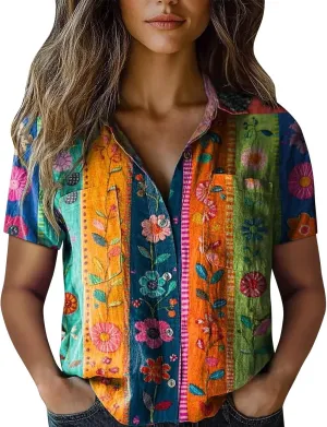 Linen Boho Tops for Women Boho Tops for Women Hippie Summer Short Sleeve Button Up Blouses Short Sleeve Shirts