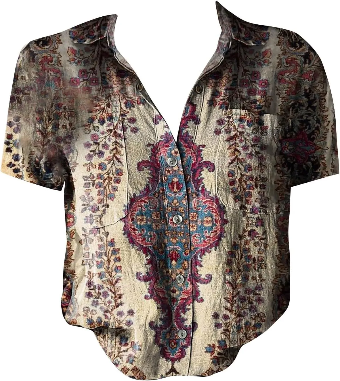 Linen Boho Tops for Women Boho Tops for Women Hippie Summer Short Sleeve Button Up Blouses Short Sleeve Shirts