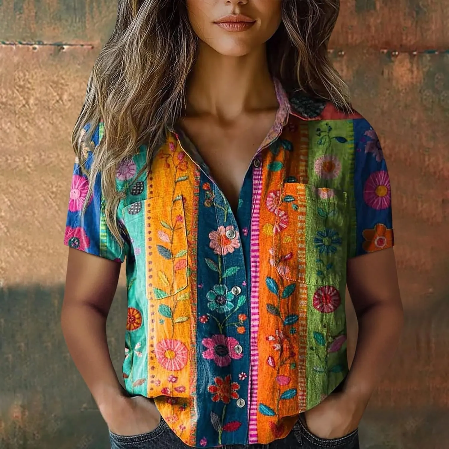 Linen Boho Tops for Women Boho Tops for Women Hippie Summer Short Sleeve Button Up Blouses Short Sleeve Shirts