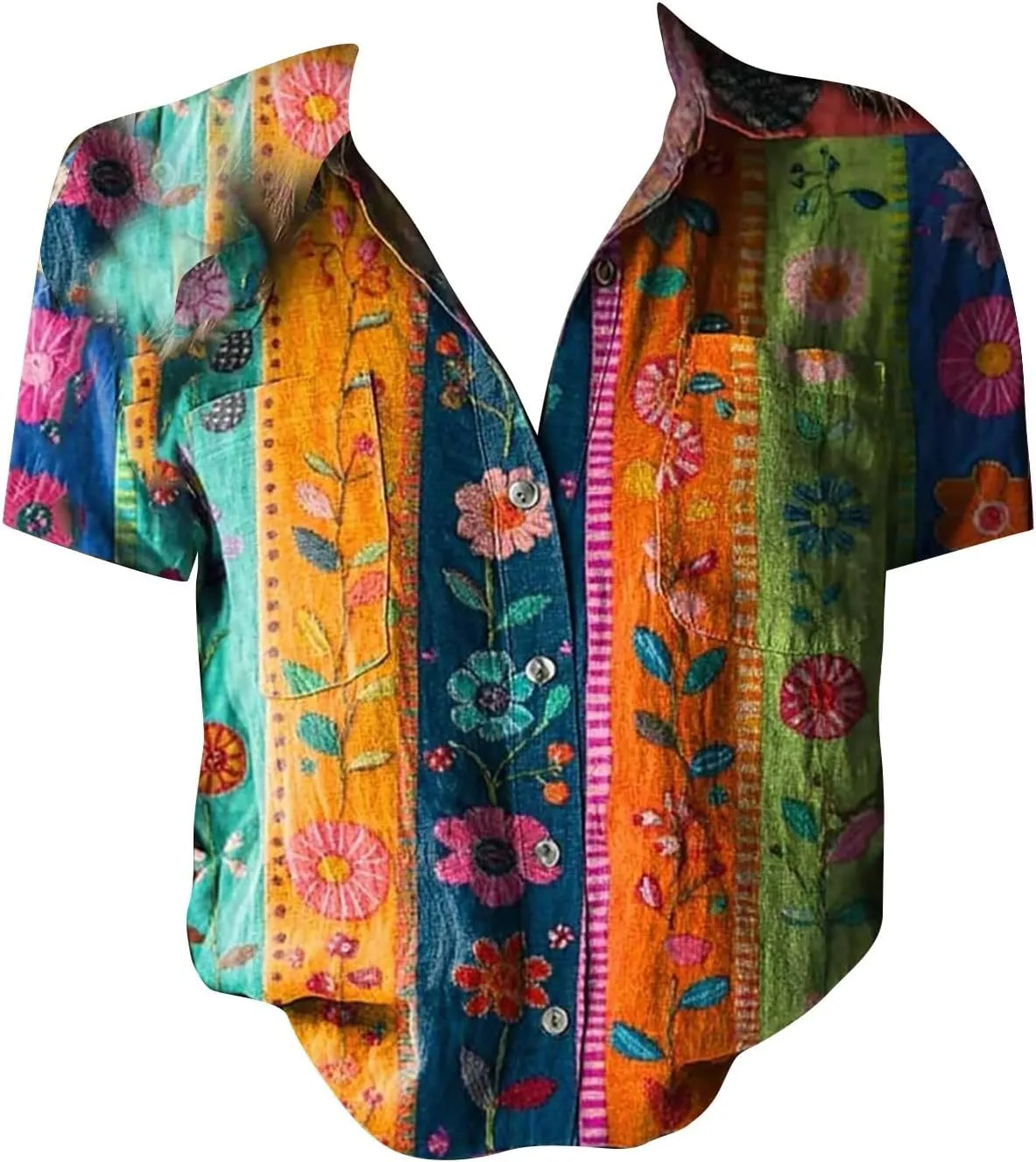 Linen Boho Tops for Women Boho Tops for Women Hippie Summer Short Sleeve Button Up Blouses Short Sleeve Shirts