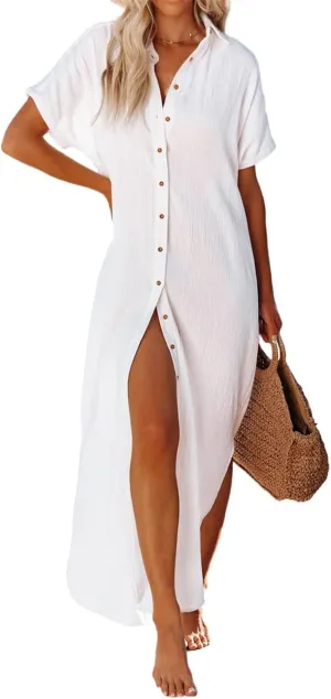 Linen Dresses for Women Short Sleeve Side Split Button Down Long Kimonos Cardigans Casual Cover Up Summer Beach Dress