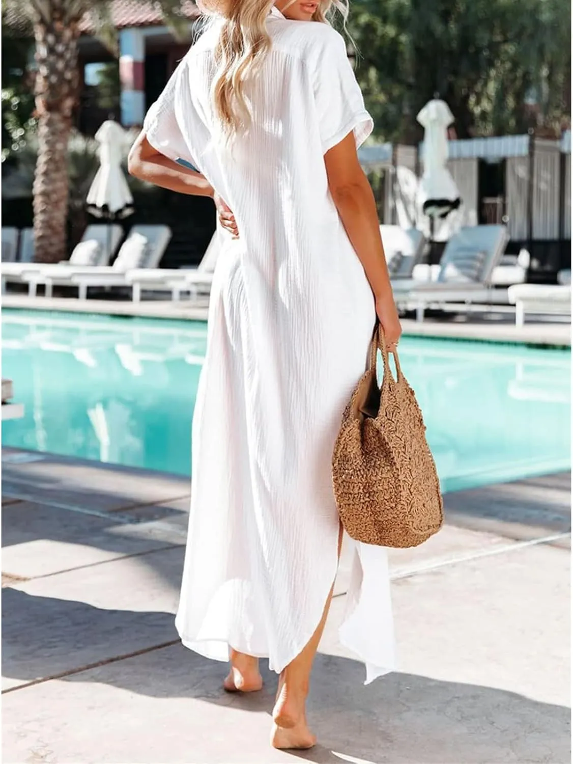 Linen Dresses for Women Short Sleeve Side Split Button Down Long Kimonos Cardigans Casual Cover Up Summer Beach Dress