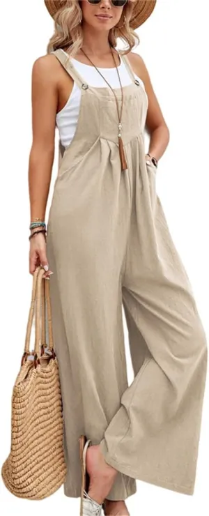 Linen Overalls for Women Casual Loose Pleated High Waisted Button Strap Jumpsuits Summer Vintage Wide Leg Jumpsuits