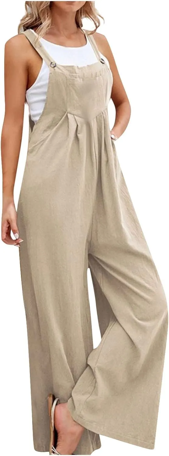 Linen Overalls for Women Loose Fit Adjustable Strap Bib Wide Leg Jumpsuit Casual Summer Boho Beach Romper with Pocket