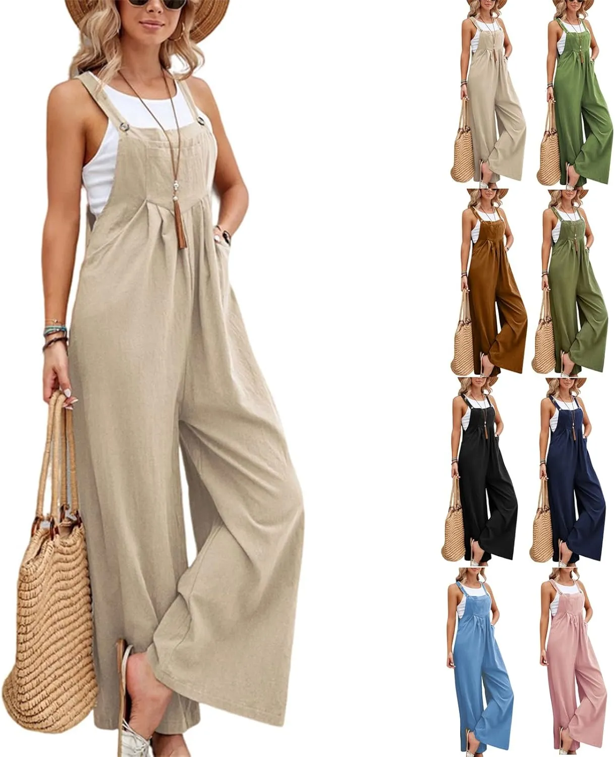 Linen Overalls for Women Loose Fit Adjustable Strap Bib Wide Leg Jumpsuit Casual Summer Boho Beach Romper with Pocket