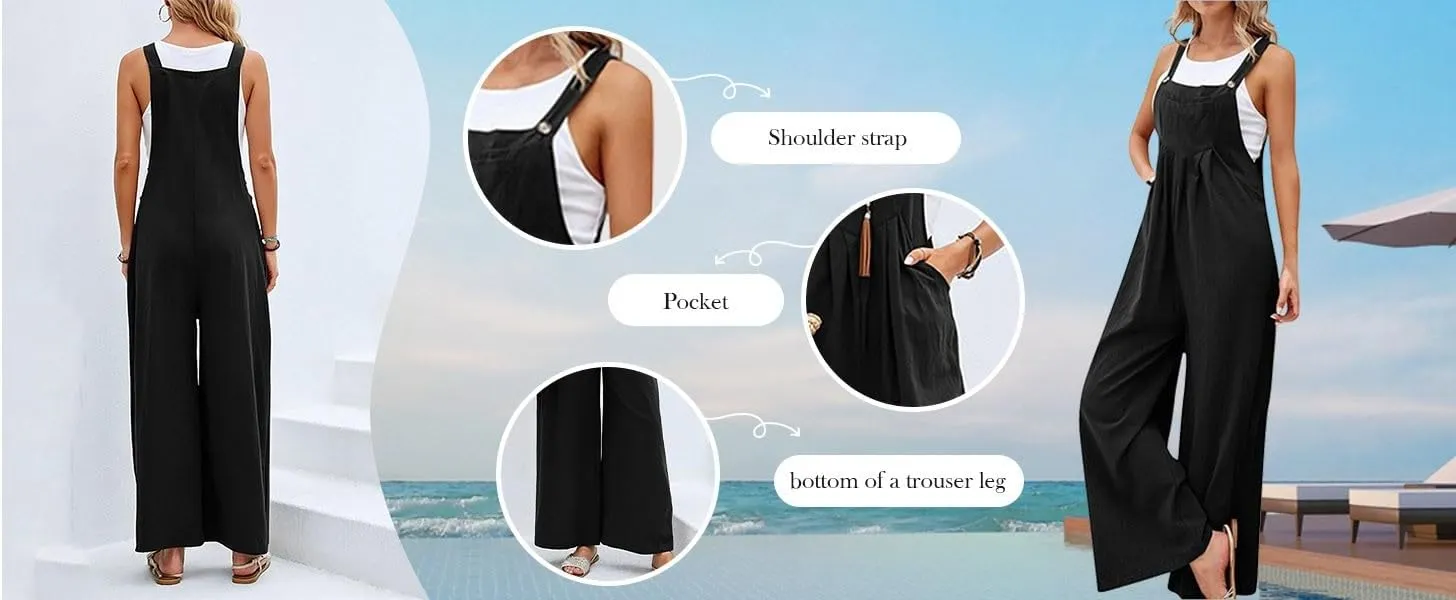 Linen Overalls for Women Loose Fit Adjustable Strap Bib Wide Leg Jumpsuit Casual Summer Boho Beach Romper with Pocket