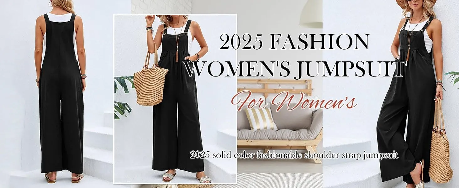Linen Overalls for Women Loose Fit Adjustable Strap Bib Wide Leg Jumpsuit Casual Summer Boho Beach Romper with Pocket