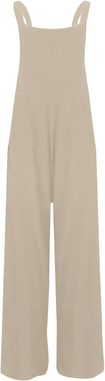Linen Overalls for Women Loose Fit Pleated Straps Sleeveless Wide Leg Jumpsuits with Pockets Comfy Casual Bib Overall
