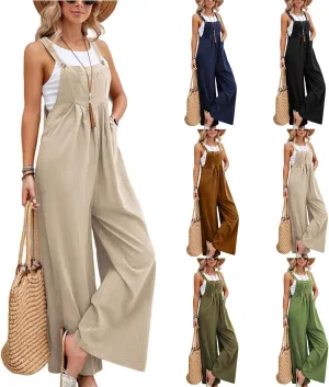 Linen Overalls for Women Loose Fit Pleated Straps Sleeveless Wide Leg Jumpsuits with Pockets Comfy Casual Bib Overall