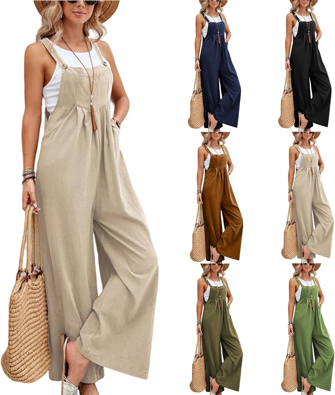 Linen Overalls for Women Loose Fit Pleated Straps Sleeveless Wide Leg Jumpsuits with Pockets Comfy Casual Bib Overall