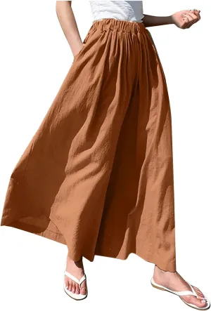 Linen Pants for Women Casual Elastic High Waisted Wide Leg Palazzo Pants Loose Flowy Beach Trousers with Pockets