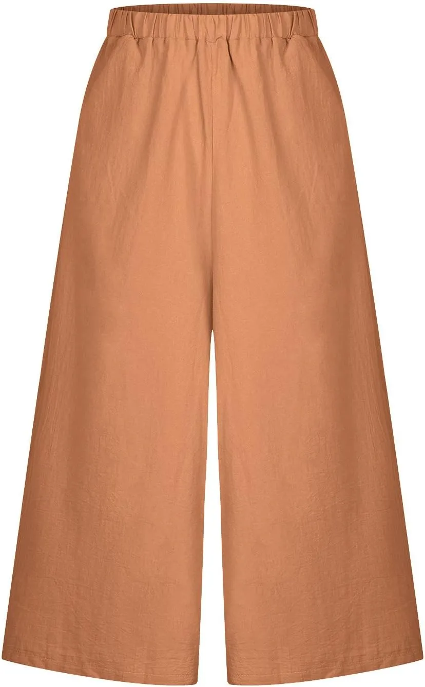 Linen Pants for Women Casual Elastic High Waisted Wide Leg Palazzo Pants Loose Flowy Beach Trousers with Pockets