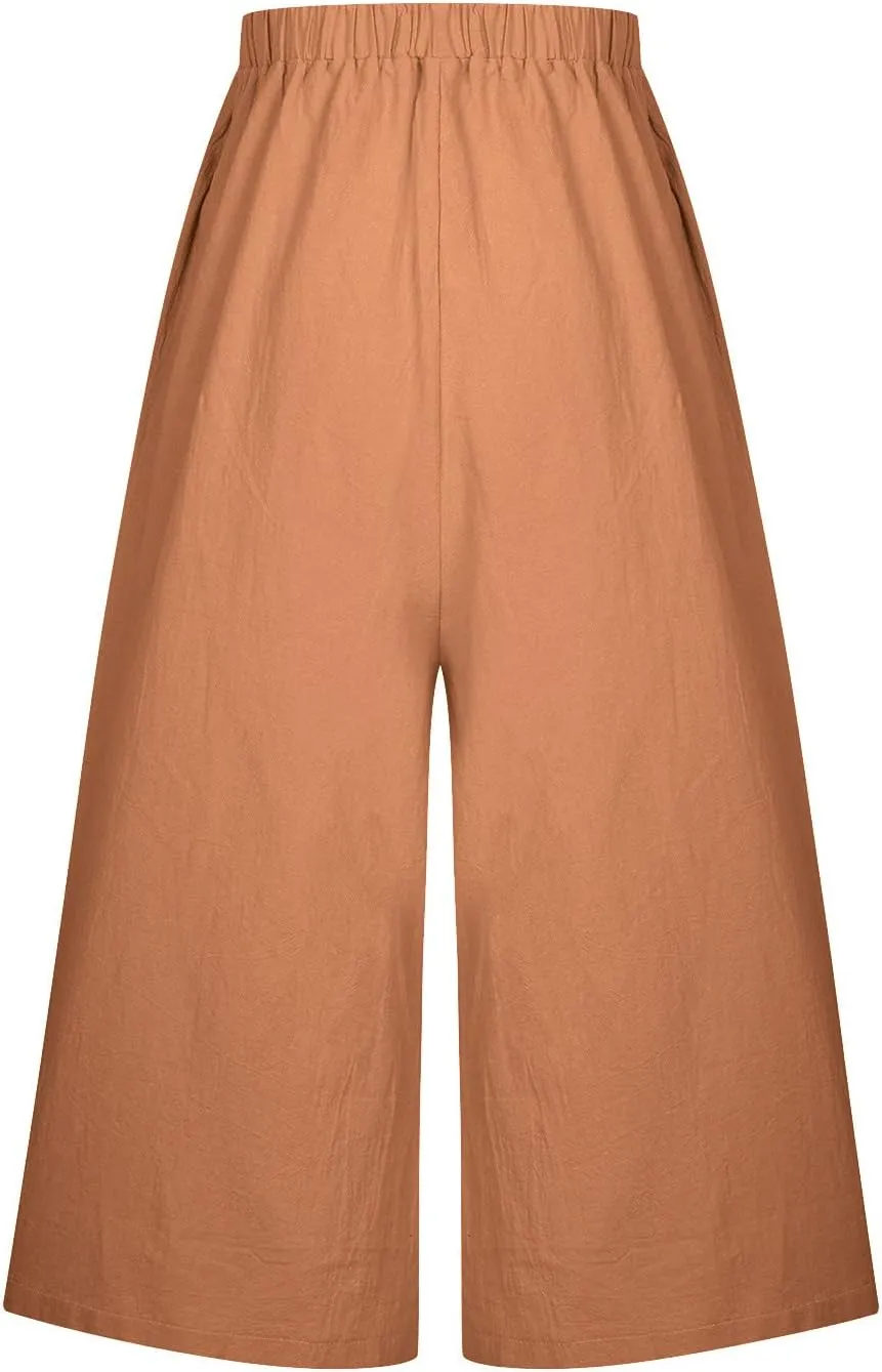 Linen Pants for Women Casual Elastic High Waisted Wide Leg Palazzo Pants Loose Flowy Beach Trousers with Pockets