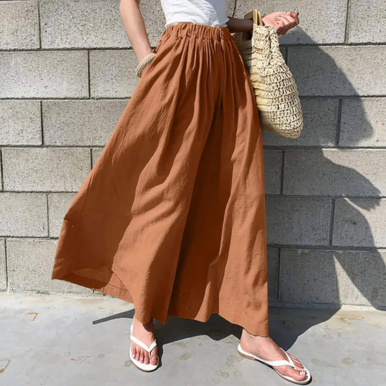 Linen Pants for Women Casual Elastic High Waisted Wide Leg Palazzo Pants Loose Flowy Beach Trousers with Pockets