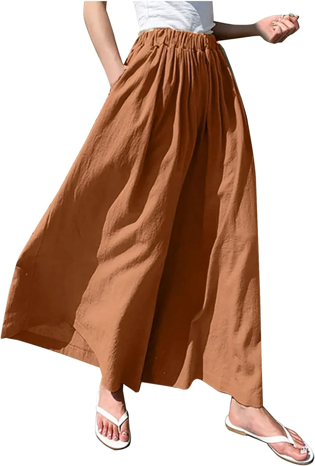 Linen Pants for Women Casual Elastic High Waisted Wide Leg Palazzo Pants Loose Flowy Beach Trousers with Pockets