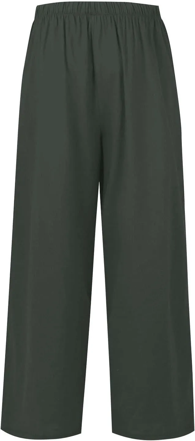 Linen Pants for Women, Wide Leg Palazzo Pants Drawstring Elastic Waist Trousers with Pockets, Beach Outfits for Women