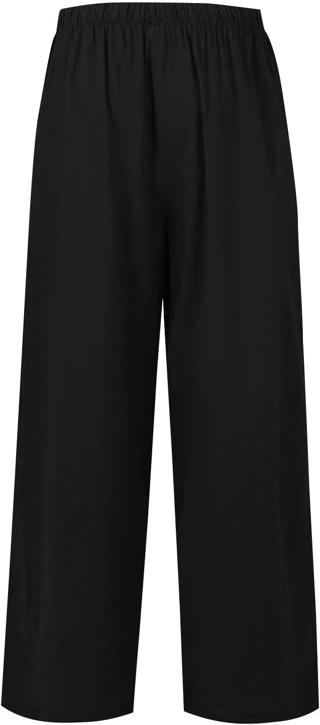 Linen Pants for Women, Wide Leg Palazzo Pants Drawstring Elastic Waist Trousers with Pockets, Beach Outfits for Women