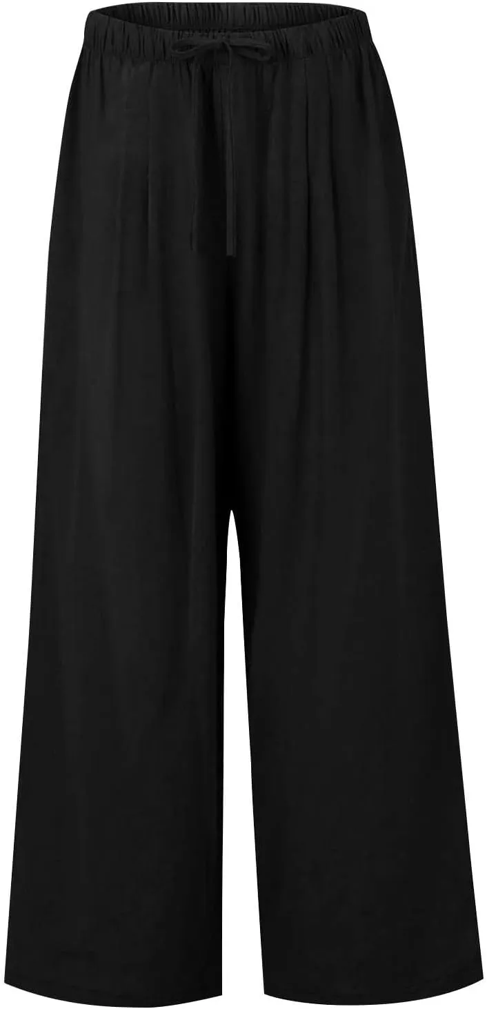 Linen Pants for Women, Wide Leg Palazzo Pants Drawstring Elastic Waist Trousers with Pockets, Beach Outfits for Women