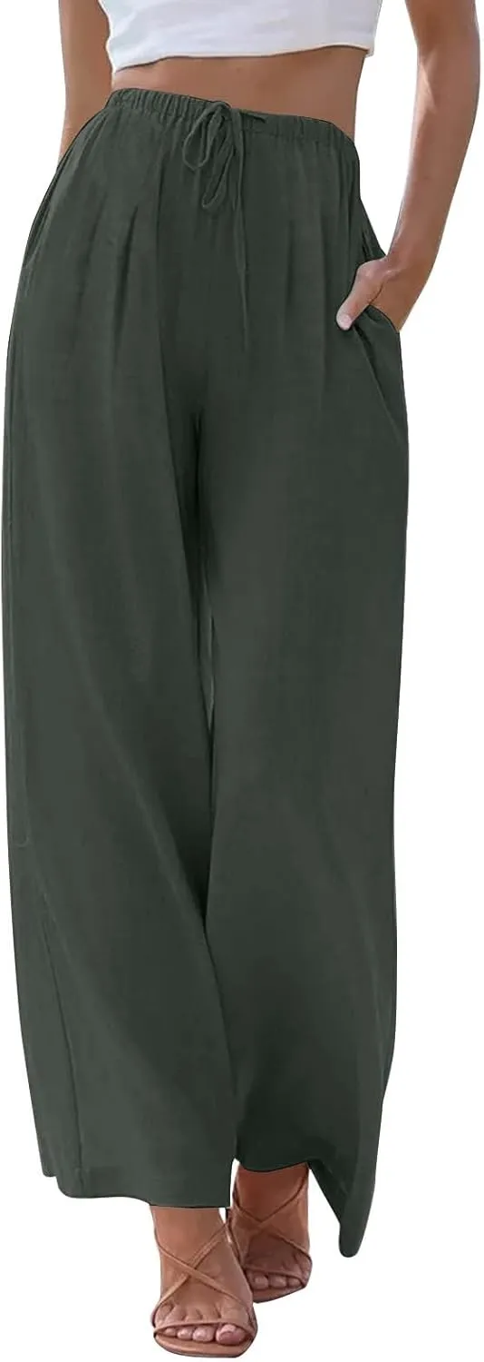 Linen Pants for Women, Wide Leg Palazzo Pants Drawstring Elastic Waist Trousers with Pockets, Beach Outfits for Women