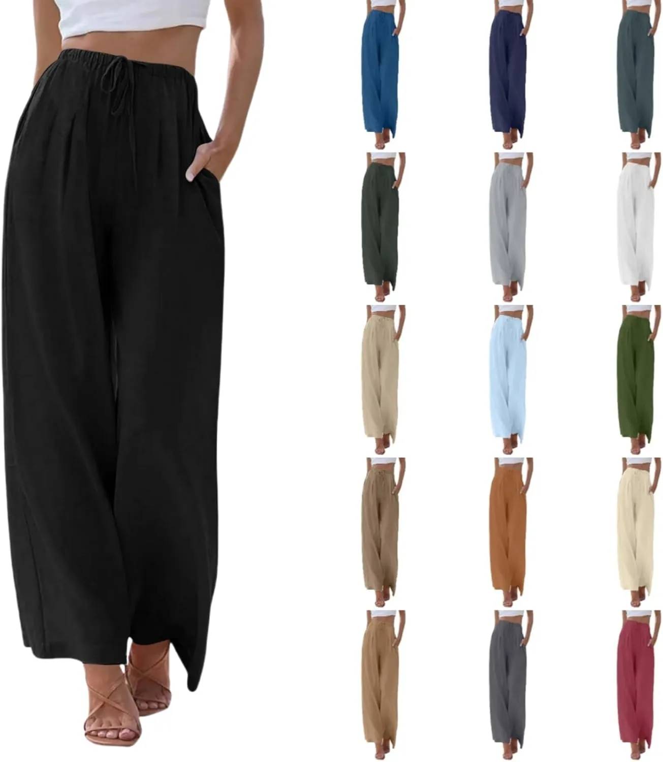Linen Pants for Women, Wide Leg Palazzo Pants Drawstring Elastic Waist Trousers with Pockets, Beach Outfits for Women