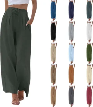 Linen Pants for Women, Wide Leg Palazzo Pants Drawstring Elastic Waist Trousers with Pockets, Beach Outfits for Women