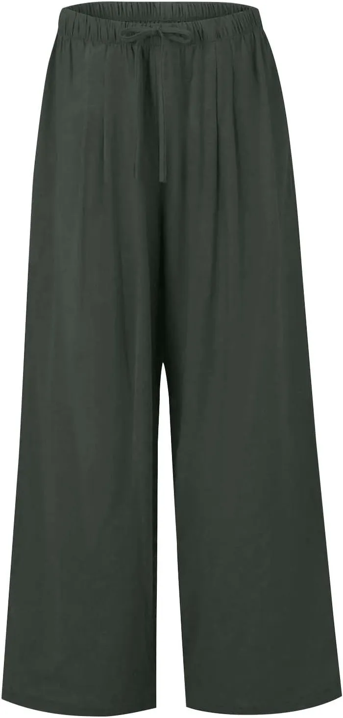 Linen Pants for Women, Wide Leg Palazzo Pants Drawstring Elastic Waist Trousers with Pockets, Beach Outfits for Women