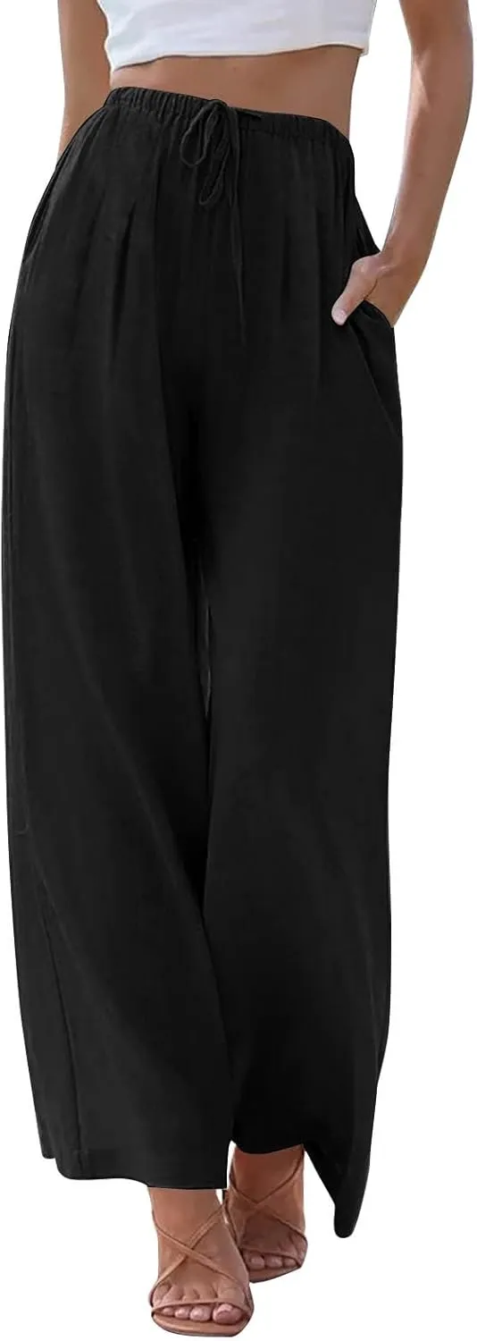 Linen Pants for Women, Wide Leg Palazzo Pants Drawstring Elastic Waist Trousers with Pockets, Beach Outfits for Women