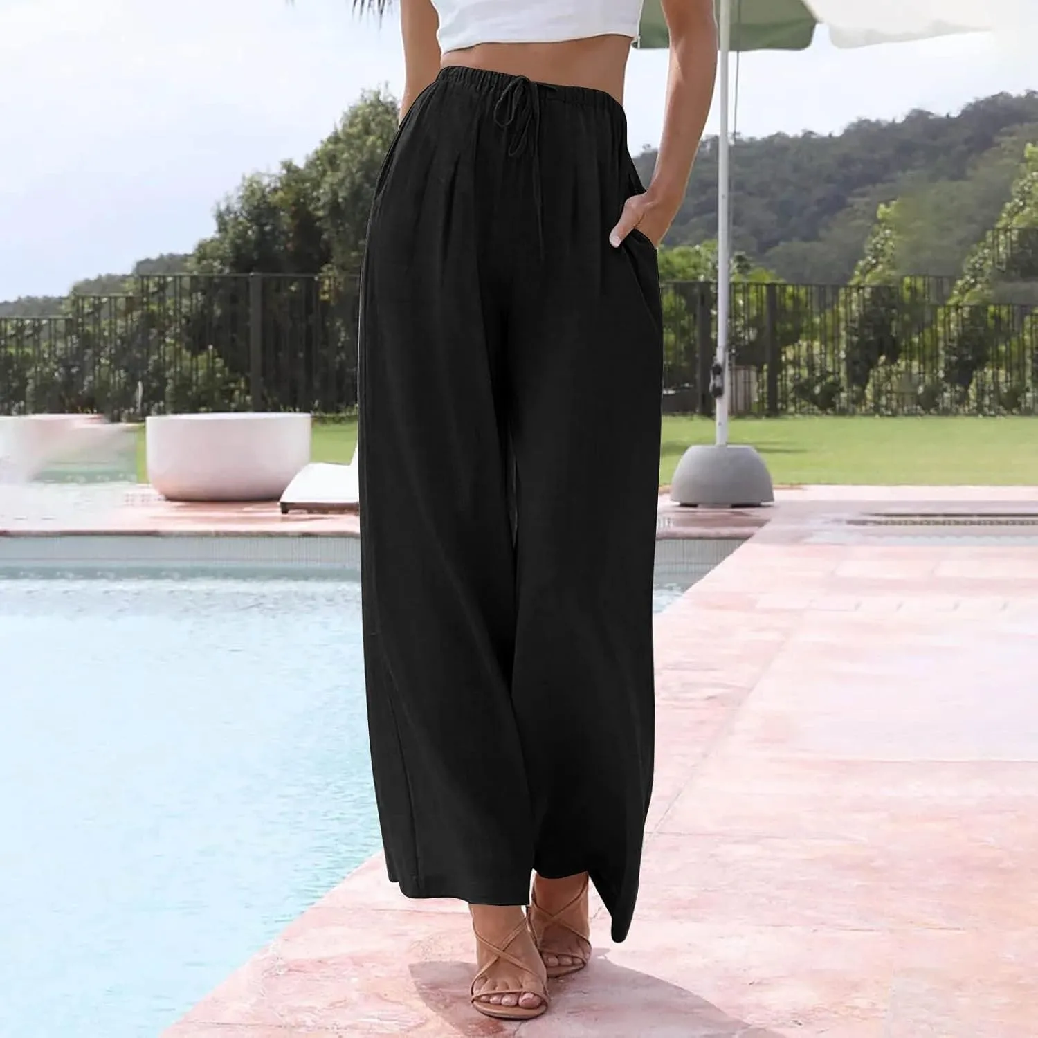 Linen Pants for Women, Wide Leg Palazzo Pants Drawstring Elastic Waist Trousers with Pockets, Beach Outfits for Women