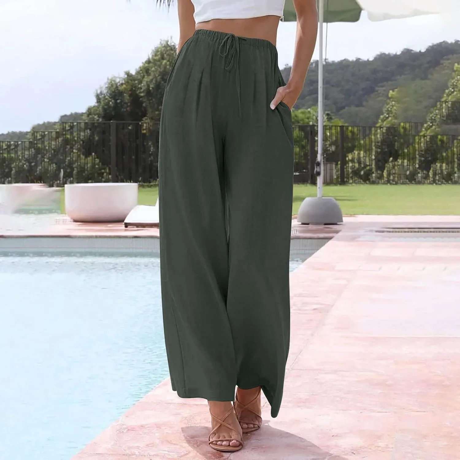 Linen Pants for Women, Wide Leg Palazzo Pants Drawstring Elastic Waist Trousers with Pockets, Beach Outfits for Women