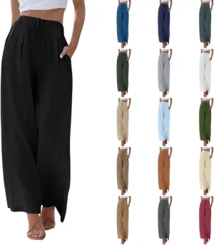 Linen Pants for Women, Wide Leg Palazzo Pants Drawstring Elastic Waist Trousers with Pockets, Beach Outfits for Women